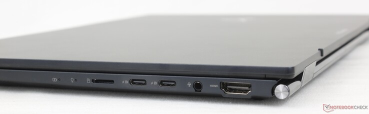 Right: MicroSD reader, 2x USB-A 3.2 Gen. 2 + DisplayPort 1.4 + Power Delivery, 3.5 mm headset, HDMI 2.1