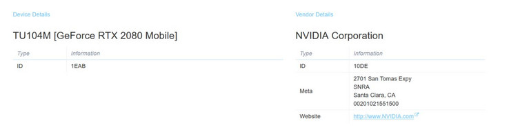 The purported NVIDIA database entry for the RTX 2080 Mobile. (Source: WCCFTech)