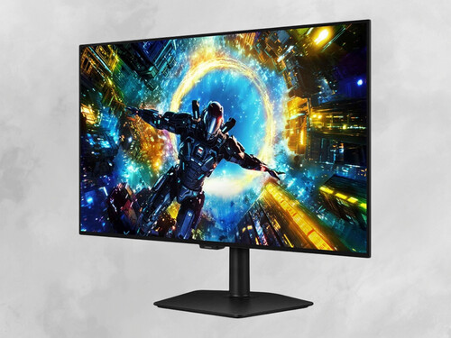 Front of 32-inch Samsung Odyssey G7 4K OLED monitor shown at angle