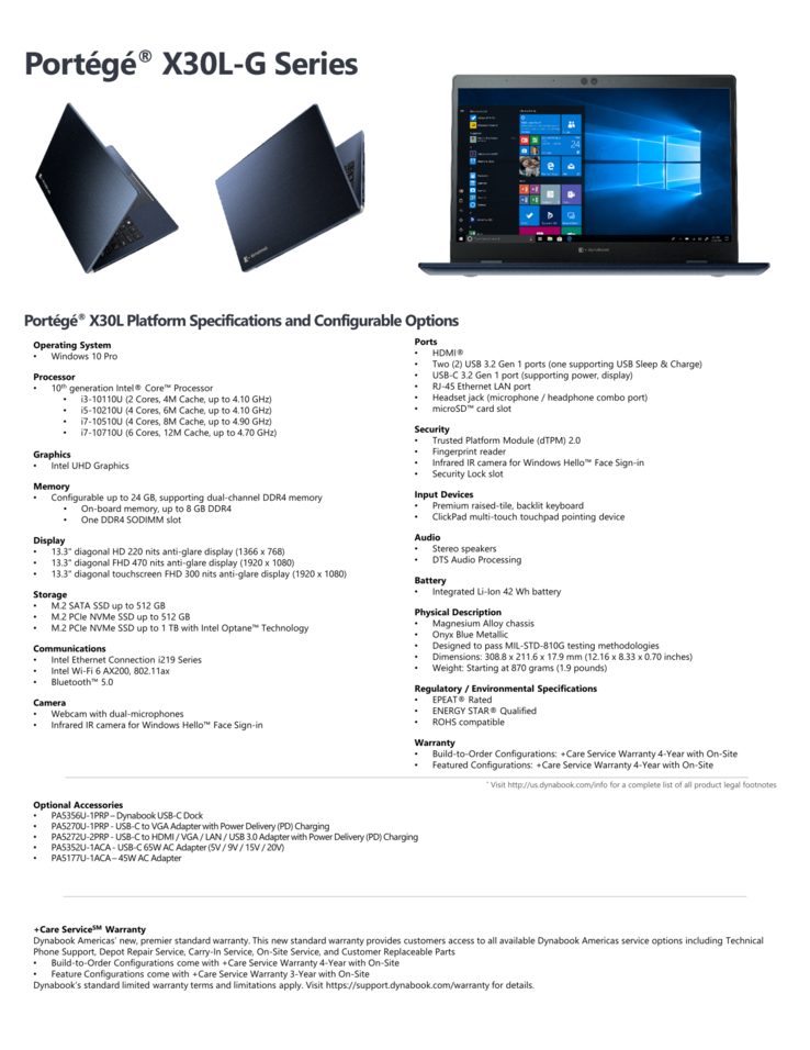 Dynabook Portege X30L-G specifications (Source: Sharp)