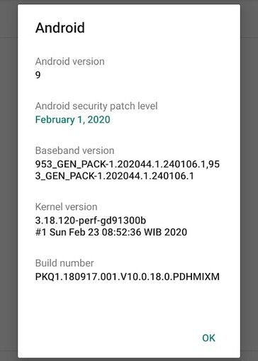 Xiaomi Mi A1 Febuary 2020 new firmware details (Source: Own)