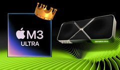 The Apple M3 Ultra SoC shines in early GFXBench results, trading blows with high-end desktop GPUs from Nvidia and AMD. (Image source: Apple, Nvidia, edited)