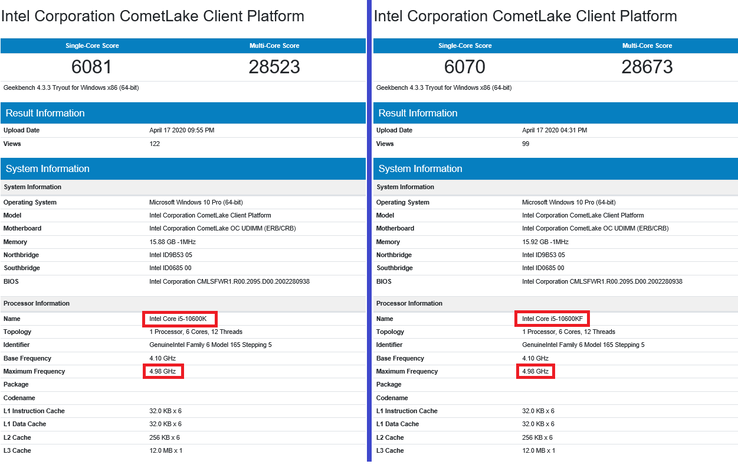 Intel Core i5-10600K and Core i5-10600KF. (Image source: Geekbench)