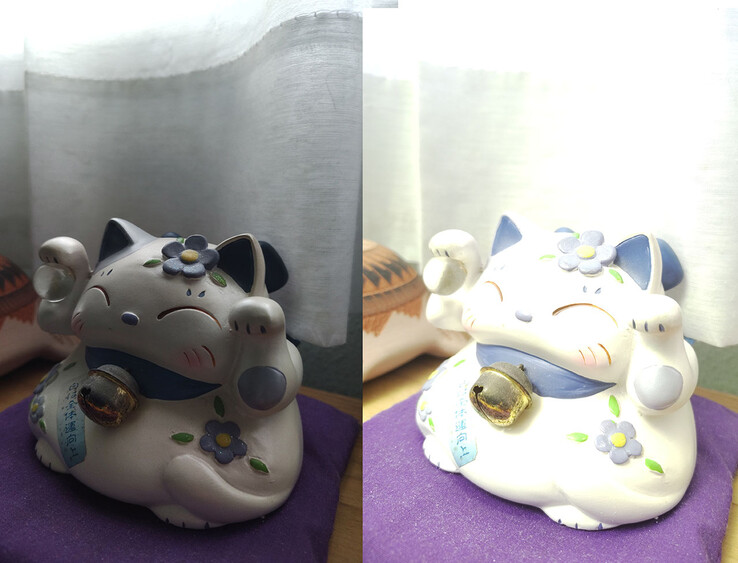Cloudy daylight next to window - Marauder 3 in center of room facing ceiling - Off (L) vs Turbo flood mode (R). (f/1.8 1/30 ISO 400)