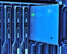 Server racks with blue lighting in a data center