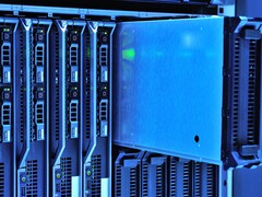 Server racks with blue lighting in a data center