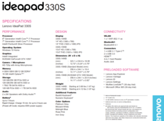 Lenovo IdeaPad 330S specifications. (Source: Lenovo)