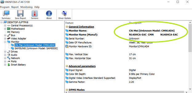 HWiNFO report: The laptop features a CMN14D4 panel (Image source: Screen grab)