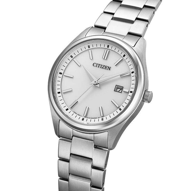 Front three-quarter view of the Citizen BM1350-54A Eco-Drive dress watch with a silver dial, date window at 3 o'clock, stainless steel case, and matching steel bracelet.