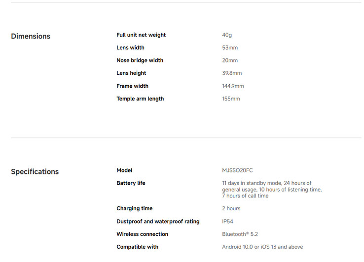 Complete specs of the Smart Audio Glasses (Image source: Xiaomi)