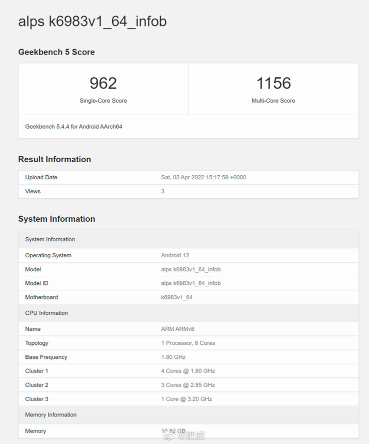 Overclocked Dimensity 9000 on Geekbench (image via Weibo)