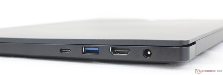 Right: USB-C w/ Thunderbolt 4 + Power Delivery + DisplayPort, USB-A 3.0 Gen. 1, HDMI 2.0b, AC adapter