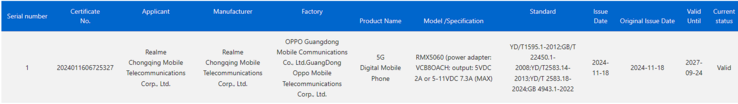 The Realme GT Neo 7 receives 3C certification. (Image source: 3C certification site)