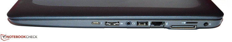 Right: USB 3.1 Gen 1 Type-C, DisplayPort, SD-card reader, audio combo, USB  3.0 Type-A, ethernet, docking port, SIM slot, power