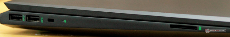 Left: 2x USB 3.0 (Gen 1) Type-A, Kensington lock, drive activity light, SD card reader