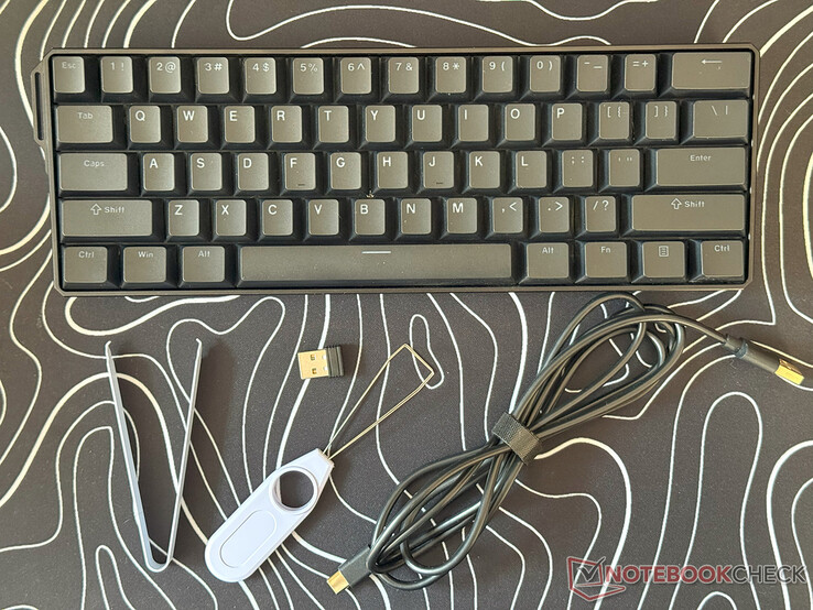 MonsGeek Fun60 Ultra comes with keycap and switch pullers, a USB cable, and 2.4 GHz dongle