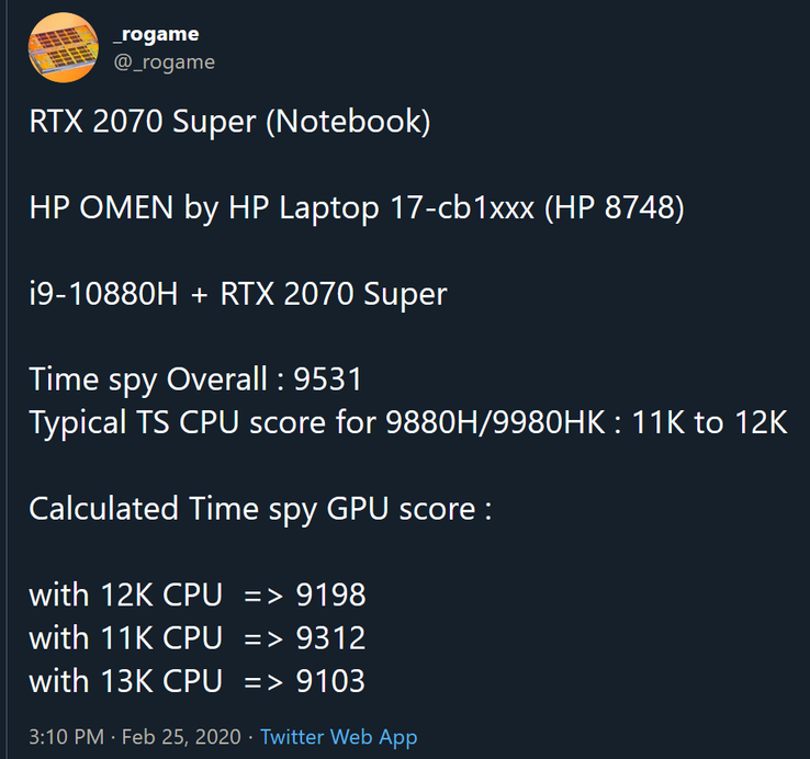 RTX 2070 Super laptop GPU 3DMark scores (source: _rogame's tweet)