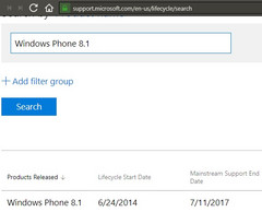 Windows Phone 8.1 support details official page shows mainstream support ending July 11, 2017