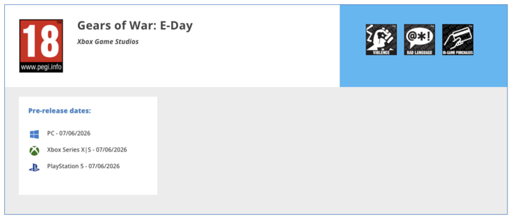 Gears of War: E-Day rating on PEGI website.