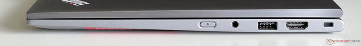 Right: power button, 3.5-mm audio, USB 3.2 Gen 1 (5 Gbit/s), HDMI 2.1, Kensington Nano Security Slot