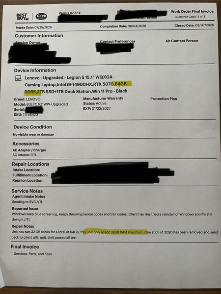 Best Buy repair statement for Lenovo Legion 5