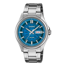 Casio MTP-E740-2A2V featuring a bright blue translucent dial.