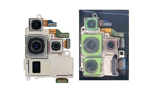 The Samsung Galaxy S23 Ultra camera module (left) compared with the leaked image of the Galaxy S24 Ultra quad-cam.
