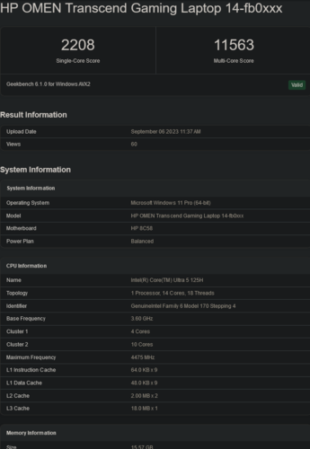 Ultra 5 125H (image Source: Geekbench)