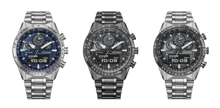 From left to right, the Citizen Promaster Sky JV2000-51L, JV2005-58E, and JV2006-55H. (Image source: Citizen)
