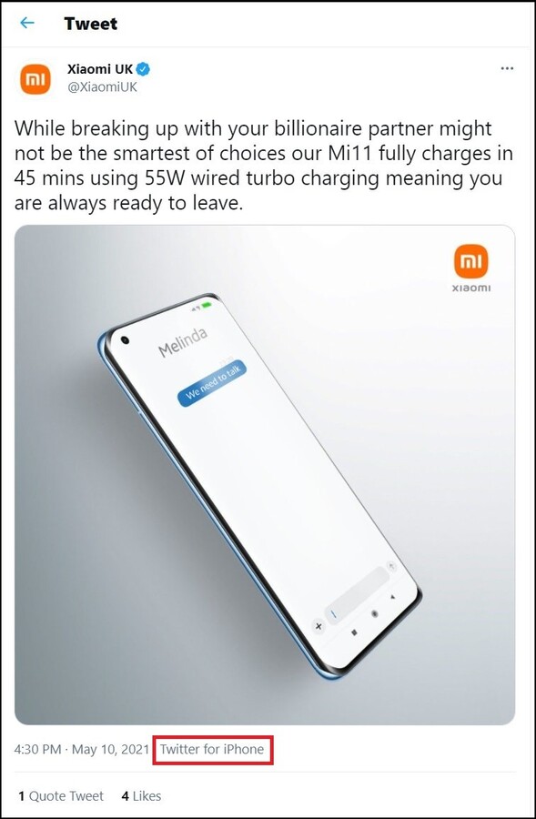 Xiaomi Mi 11 charging tweet sent from an iPhone. (Image source: @XiaomiUK via @MaxWinebach)