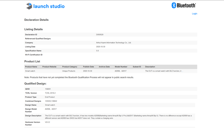 The Bip U Pro is assessed by the Bluetooth SIG. (Source: Bluetooth SIG)