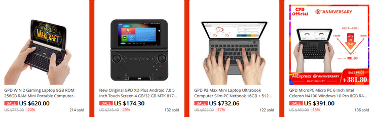 GPD devices on offer. (Image source: AliExpress)
