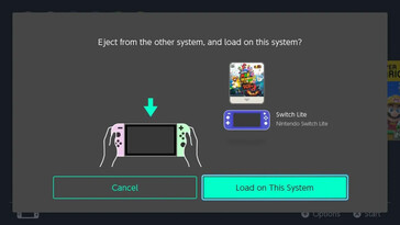 Nintendo Switch screen asking 'Eject from the other system, and load on this system?' with the Super Mario 3D World + Bowser's Fury Virtual Game Card displayed next to a Switch Lite icon and an OLED Switch icon.