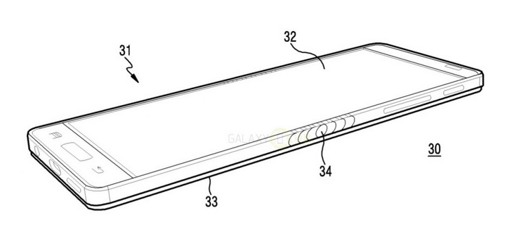 Patent documents show typical Samsung features, such as the logo and home button, in addition to the folding mechanism. (Source: Samsung patent)