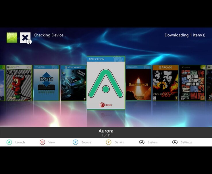Xbox 360 homebrew menu showing the Aurora dashboard icon selected, with other applications and games like XeLL Launch, RGH, Dash Launch, GoldenEye 007, and Grand Theft Auto III visible in the background. (Image source: MrMario2011 on YouTube)
