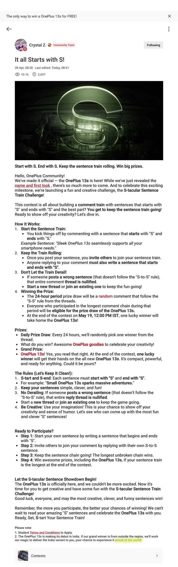 The new OnePlus 13s contest's rules and conditions. (Source: OnePlus Community)