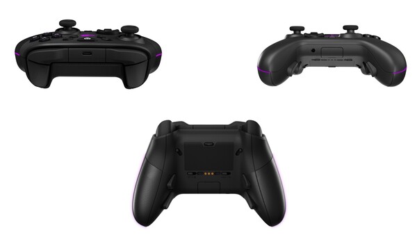 The ROG Raikiri II Xbox Wireless Controller has contact points for the charging stand and mode switches for the type of connection and device. (Image source: Asus ROG)