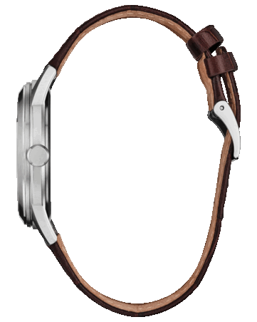 Side view of the Citizen Rolan AW2110-14Z showing its stainless steel case, crown, and leather strap.