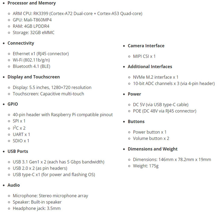 Complete spec sheet of the single board computer (Image source: UUGear)