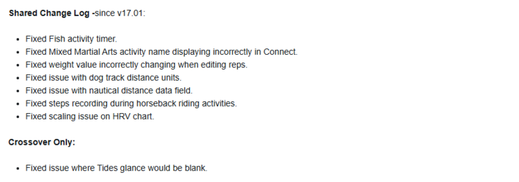 The release notes for Garmin beta version 17.03 for the Instinct 2 smartwatches. (Image source: Garmin)