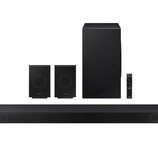 The HW-Q990D Dolby Atmos soundbar comes with two surround speaker and a wireless subwoofer (Image source: Samsung)