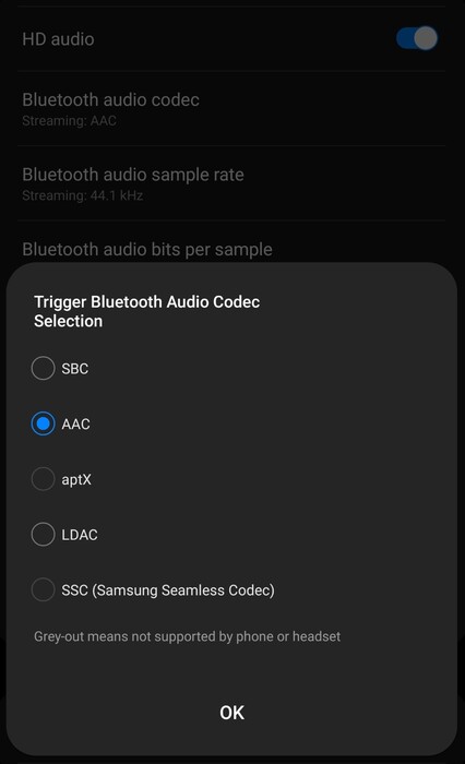 The range of available Bluetooth audio codecs also looks disappointing on the Galaxy S23 Ultra.