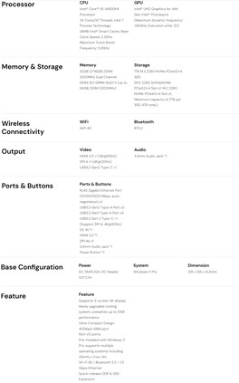 Spec sheet of the Matrix M5 mini PC