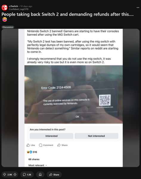Switch 2 Nintendo Switch Online ban for Mig flash cartridge use (Image source: Switch subreddit)