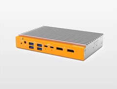 The OnLogic Helix 320 fanless mini PC can be equipped with up to an 8-core Intel CPU, and features an aluminum build with a silver colorway and an orange colorway on the front 