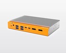The OnLogic Helix 320 fanless mini PC can be equipped with up to an 8-core Intel CPU, and features an aluminum build with a silver colorway and an orange colorway on the front 