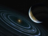 An artist's illustration showing a blue planet and two stars.