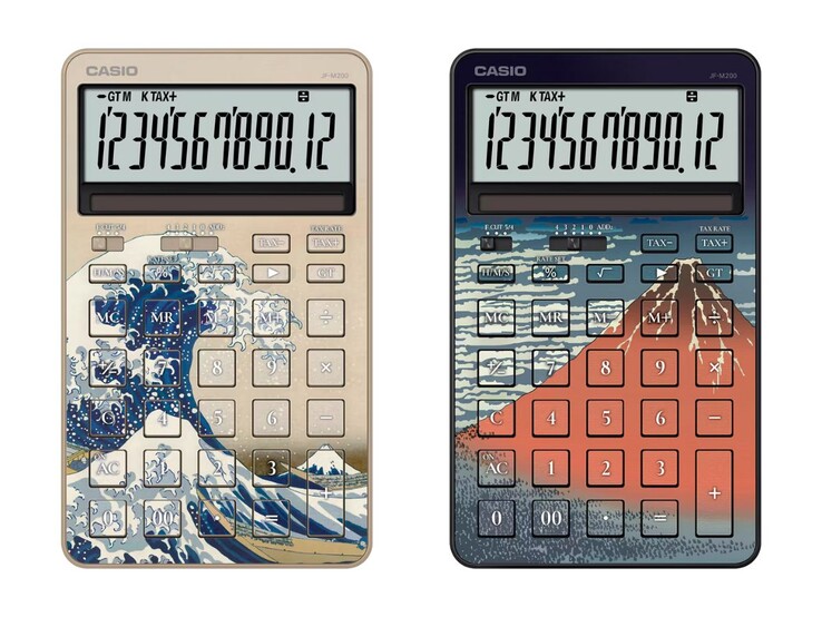 The Casio Hokusai-inspired JF-M200-TJ-KHK (left) and JF-M200-TJ-KHG (right) calculators. (Image source: Casio)