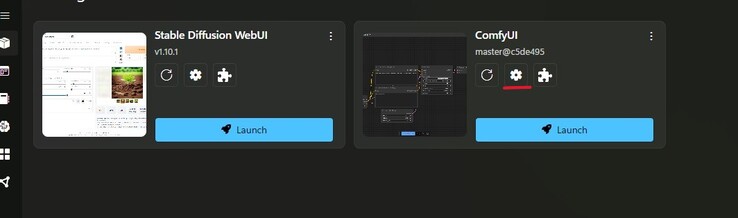 A screenshot of Stability Matrix's package hub with the settings highlighted in red on the ComfyUI tile. (Image Source: Windows Screen Capture)