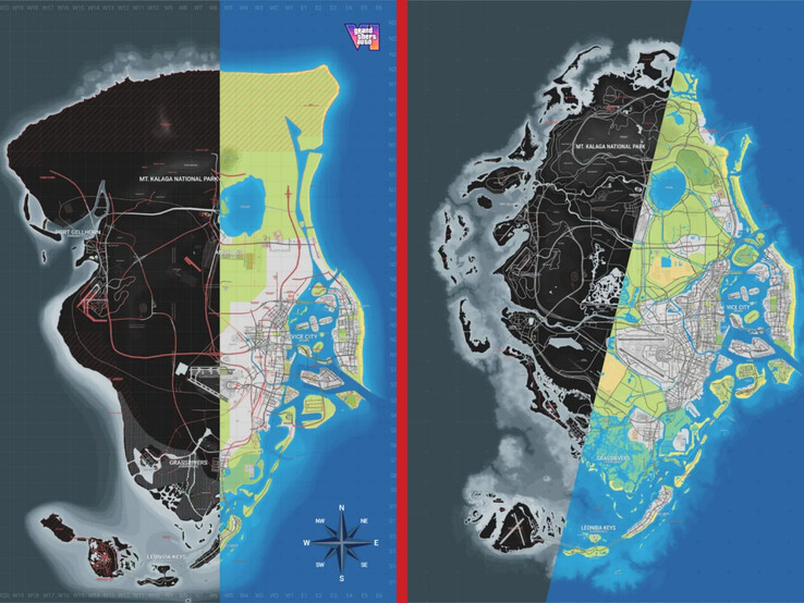 Version 15 (left) and Version 16 (right) of the Grand Theft Auto VI community map compared.